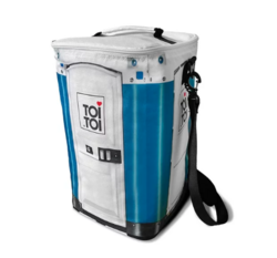 Kühltasche mit Band in Form einer Dixi-Toilette.